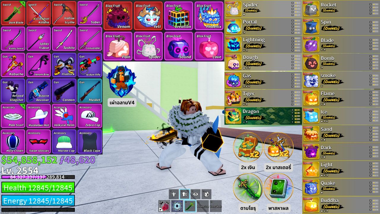 BF Lv. 2554 | GODHUMAN | ผลถาวร : ไฟ + น้ำแข็ง + ทราย + มืด + แสง + สั่น + พระ + แมงมุม + ประตู + สายฟ้า + โมจิ + แก็ส + เสือ + มังกร | เกมพาส : เงิน + มาส + โยรุ + หาผล | เผ่าV3 : มนุษย์ + กระต่าย + นางฟ้า + กูล | เผ่าV4 : ฉลาม | ฮาคิสังเกตุV1